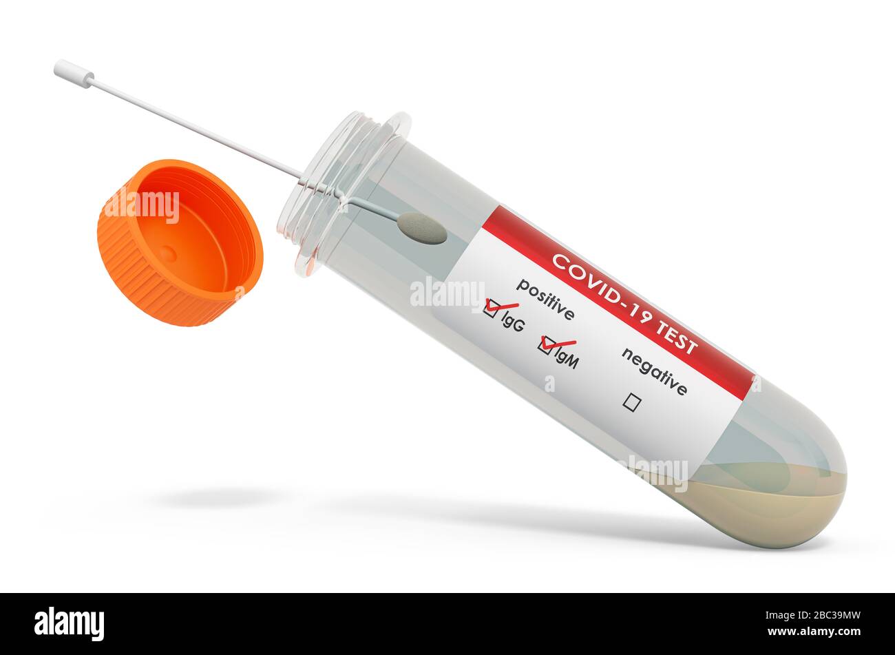 Reagenzglas mit COVID-19-positivem Nasensabstrich-Labortest, 3D-Rendering isoliert auf weißem Hintergrund Stockfoto