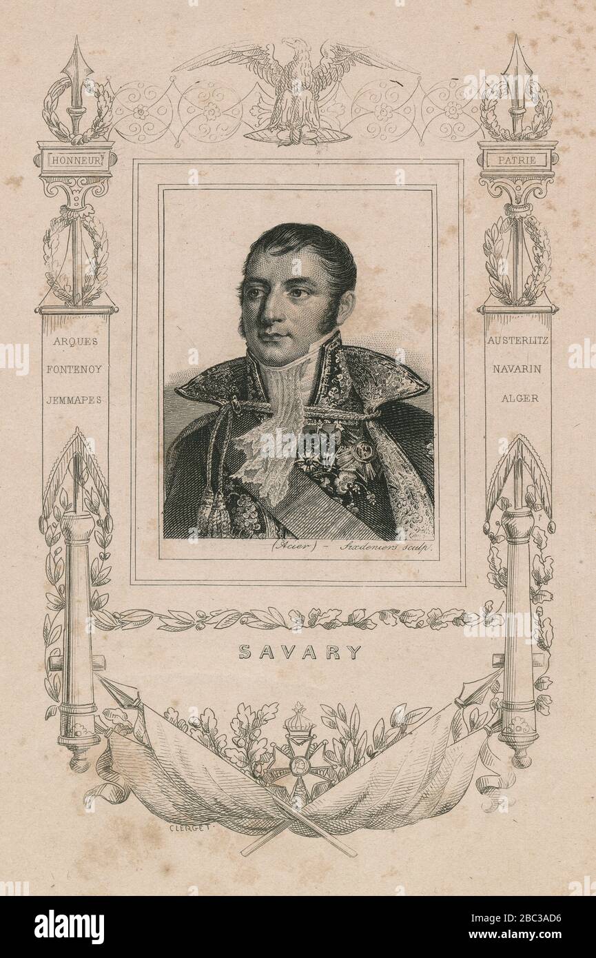 Antike Gravur, Anne Jean Marie René Savary. Anne Jean Marie René Savary, 1. Herzog von Rovigo (1774-1834) war ein französischer General und Diplomat. QUELLE: ORIGINALGRAVUR Stockfoto