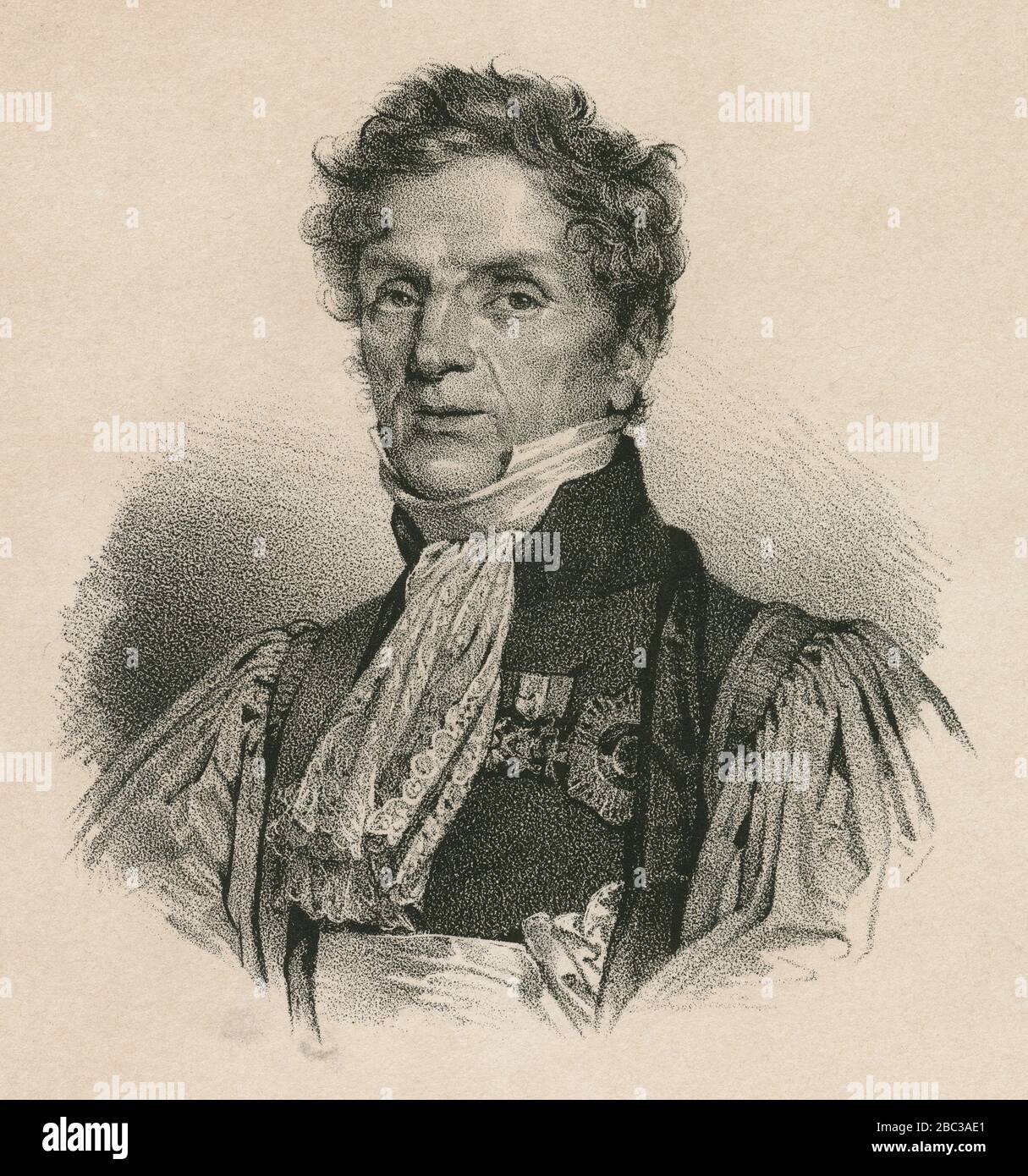 Antike Gravur, Claude François Chauveau-Lagarde. Claude François Chauveau-Lagarde (1756-1841) war ein Rechtsanwalt, der in der Anfangsphase der französischen Revolution ins öffentliche Rampenlicht rückte. Er verteidigte viele bemerkenswerte Fälle während der Terrorherrschaft, darunter die von Marie Anteinette. QUELLE: ORIGINALGRAVUR Stockfoto