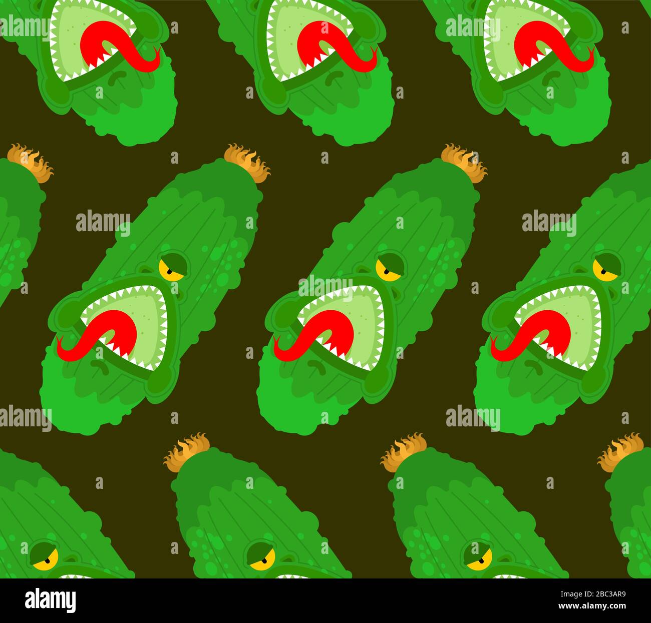 Das Muster der Gurkenmonster ist nahtlos. Hintergrund für die Mutation von GMO. Verärgertes Gemüse mit Verzahnung. Vektor-Textur von Hungry Alien Food Stock Vektor