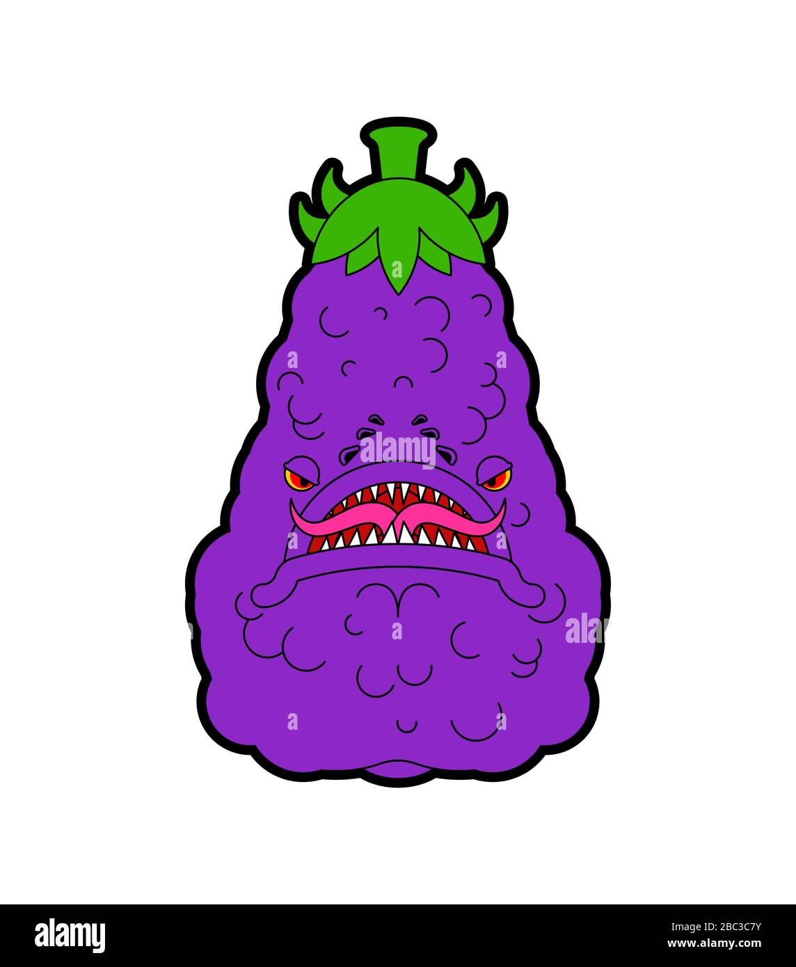 Aubergine Monster GMO Mutant. Verärgertes violettes Gemüse mit Zähnen. Abbildung: Vektor "Hungry Alien Food" Stock Vektor
