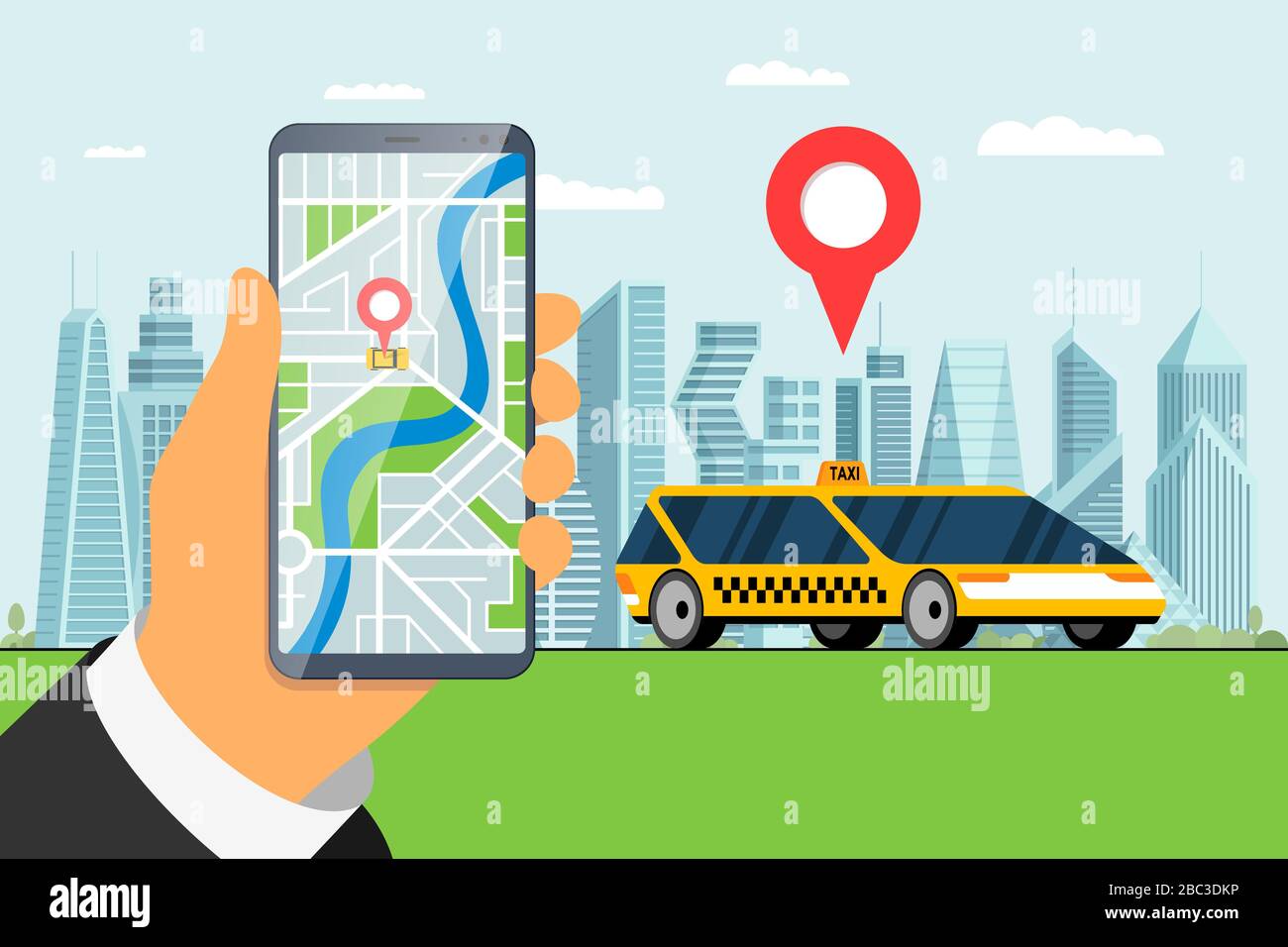 Taxi bestellen Service App Design. Hand hält Smartphone mit Geotag gps Position PIN Ankunft Adresse auf Stadtplan und gelb cab Konzept. Online erhalten taxicab Anwendung flach eps Vektor Illustration Stock Vektor