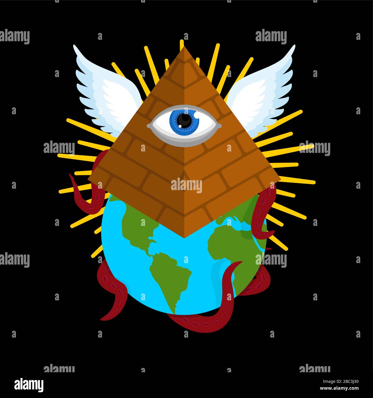 Illuminati Verschwörungstheorie. Pyramide mit einem Auge. All-seeing Eye. Symbol der Weltregierung. Heiliger Schild Stock Vektor