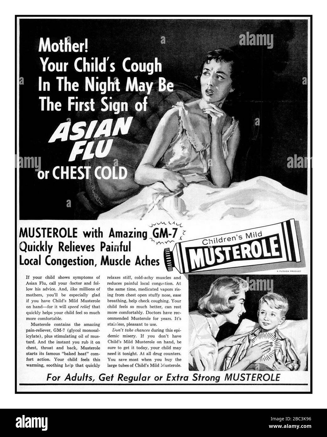 1950er ASIATISCHE GRIPPE Heilmittel MUSTEROLE Werbung “Mutter! Husten Ihres Kindes in der Nacht kann das erste Zeichen der ASIATISCHEN GRIPPE oder Brustkälte sein', Cold Remedy Advertising, 1957 Stockfoto
