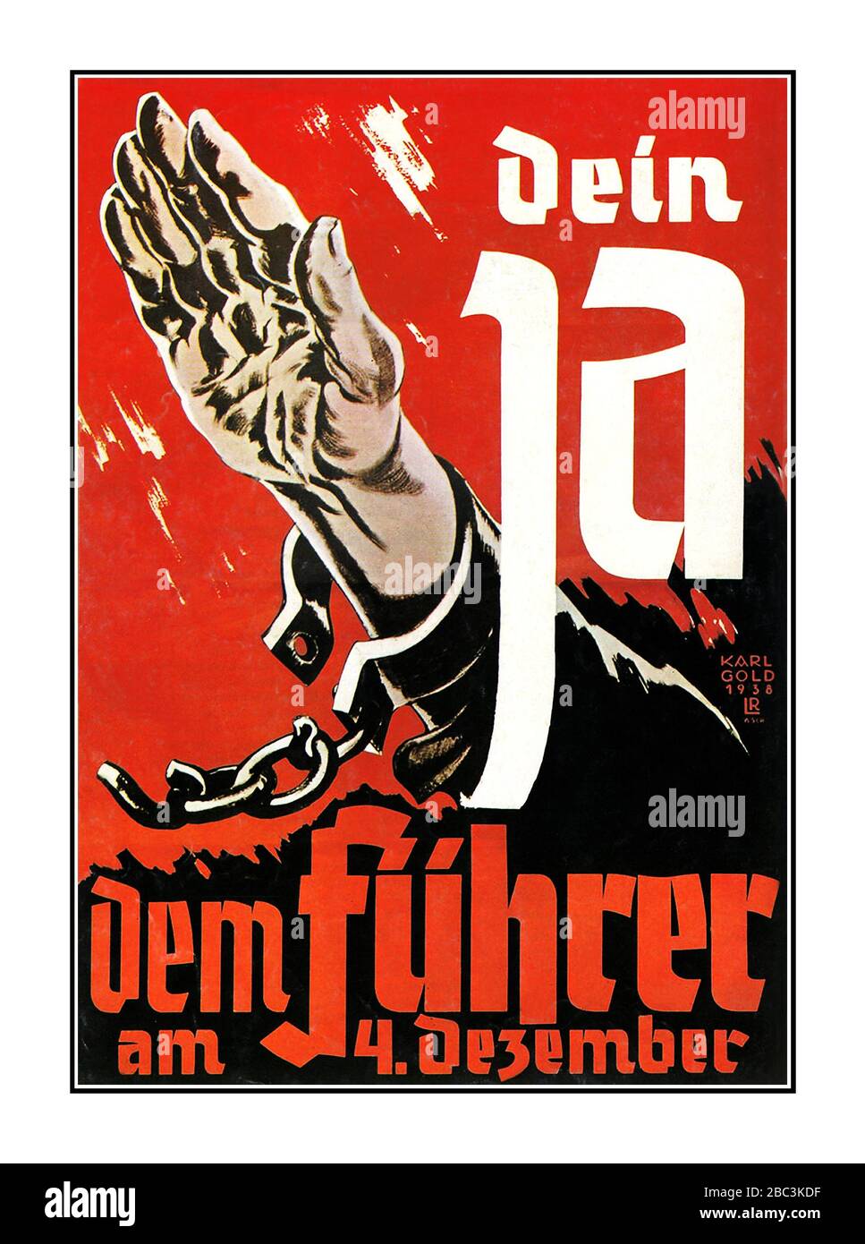 Propaganda-Plakat "Ihr ja zum Führer am 4. Dezember", annektiertes Sudetenland, 1938 Plakat, das auf die Unterstützung der Annektierung des Sudetenlandes, der Tschechoslowakei, 1938, drängt. Wahlplakat für die Sudetendeutschen Nachwahlen. Die Sudetendeutschen haben am 4. Dezember für die Angliederung des Sudetenlandes an das Deutsche Dritte Reich gestimmt. Stockfoto