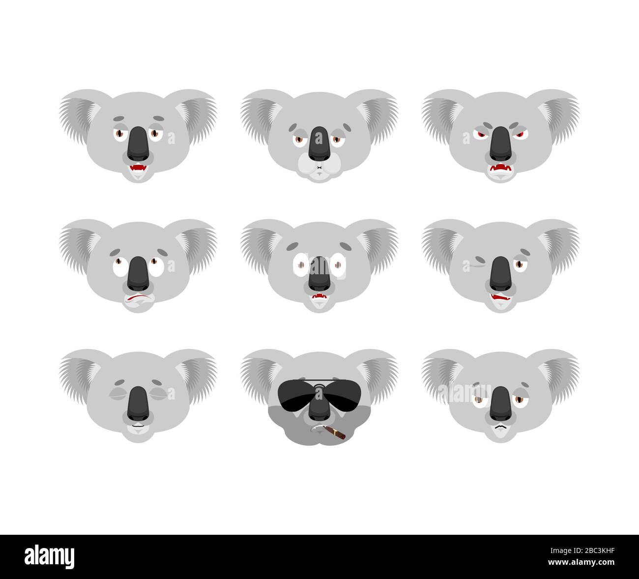 Koala setzte Emoji-Avatar. Trauriges und verärgertes Gesicht. Schuldig und schlafend. koala trägt schlafende Emotionen. Darstellung des "Biest Vector" Stock Vektor
