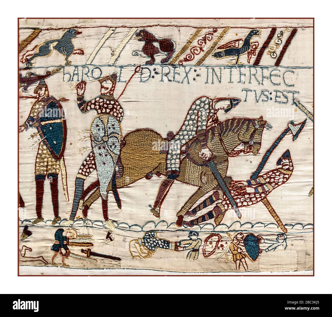 BAYEUX TAPISSERIE TOD Harold Rex Interfectus Est: 'König Harold wurde getötet'. Szene aus dem Wandteppich von Bayeux, die die Schlacht von Hastings und den Tod von König Harold darstellt, Bild von der Wandteppich von Bayeux, Szene 87. 14. Oktober 1066 Schlacht bei Hastings, East Sussex, England entscheidender normannischer Sieg die Schlacht von Hastings wurde am 14. Oktober 1066 zwischen der normannisch-französischen Armee von Wilhelm, dem Herzog der Normandie, und einer englischen Armee unter dem angelsächsischen König Harold Godwinson ausgetragen, der die normannische Eroberung Englands begann. Es fand etwa 7 Meilen (11 Kilometer) nordwestlich von Hastings statt. Stockfoto