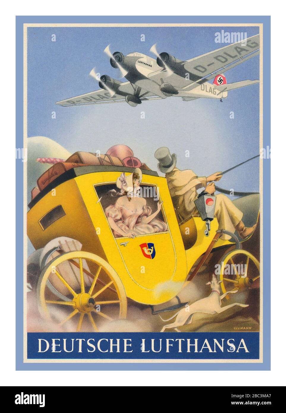 Nazi-Deutschland Deutsche LUFTHANSA Presse-Werbeplakat von Max Ullmann mit zweimotorigen Junkers JU 52-Flugzeugen und Hakenkreuzfinne, die als modernes Nazi-Deutschland gezeigt werden, der Weg zum Reise- und Transportpostposten im Gegensatz zu alten Postkutschen und Pferden Postkutschen Stockfoto