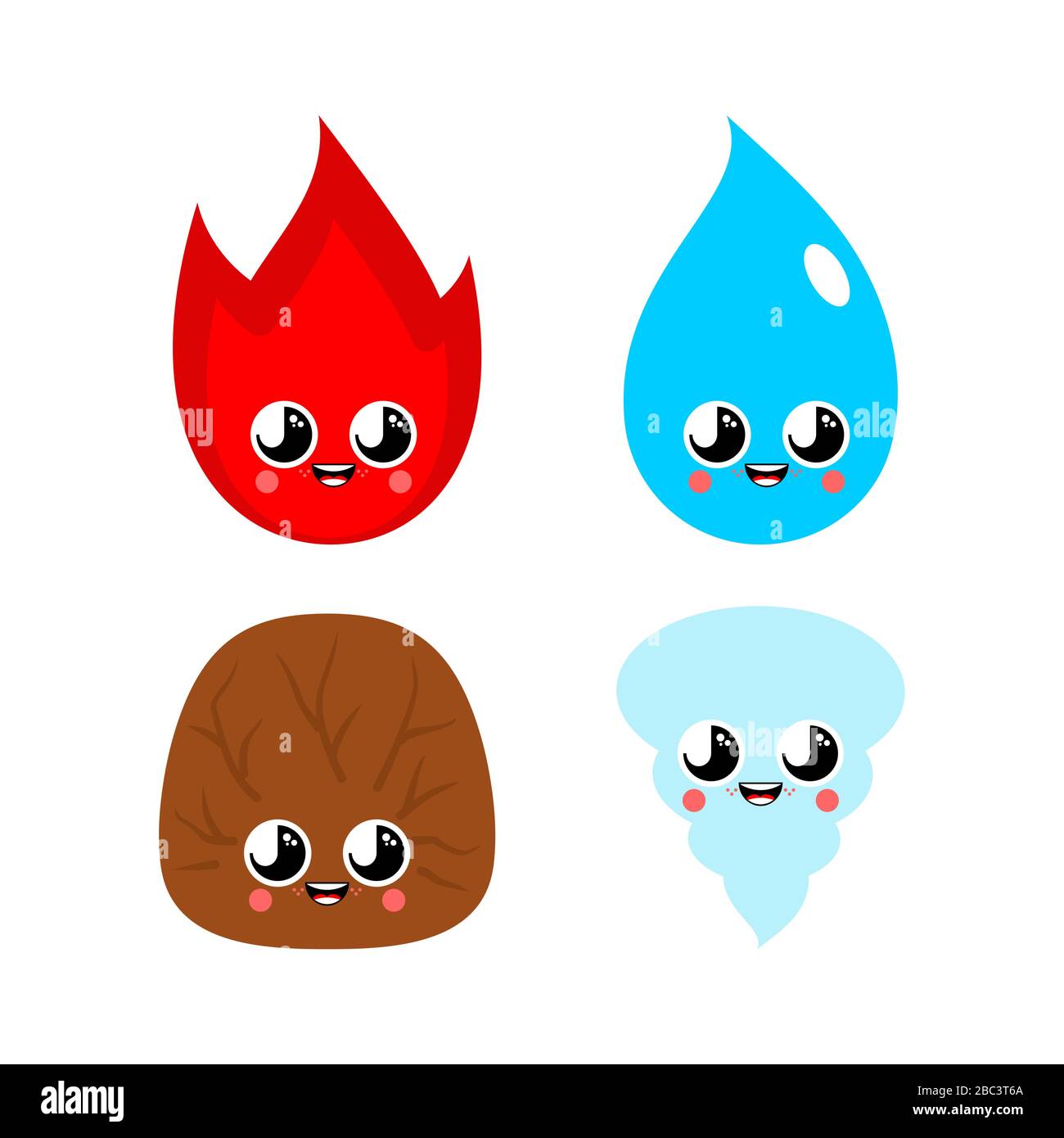 Vier natürliche Elemente niedlich kawaii Set. Wind und Feuer, Wasser und Erde lustiger Wind-Cartoon-Stil. Kinder-Charakter. Kinderstil. Stock Vektor