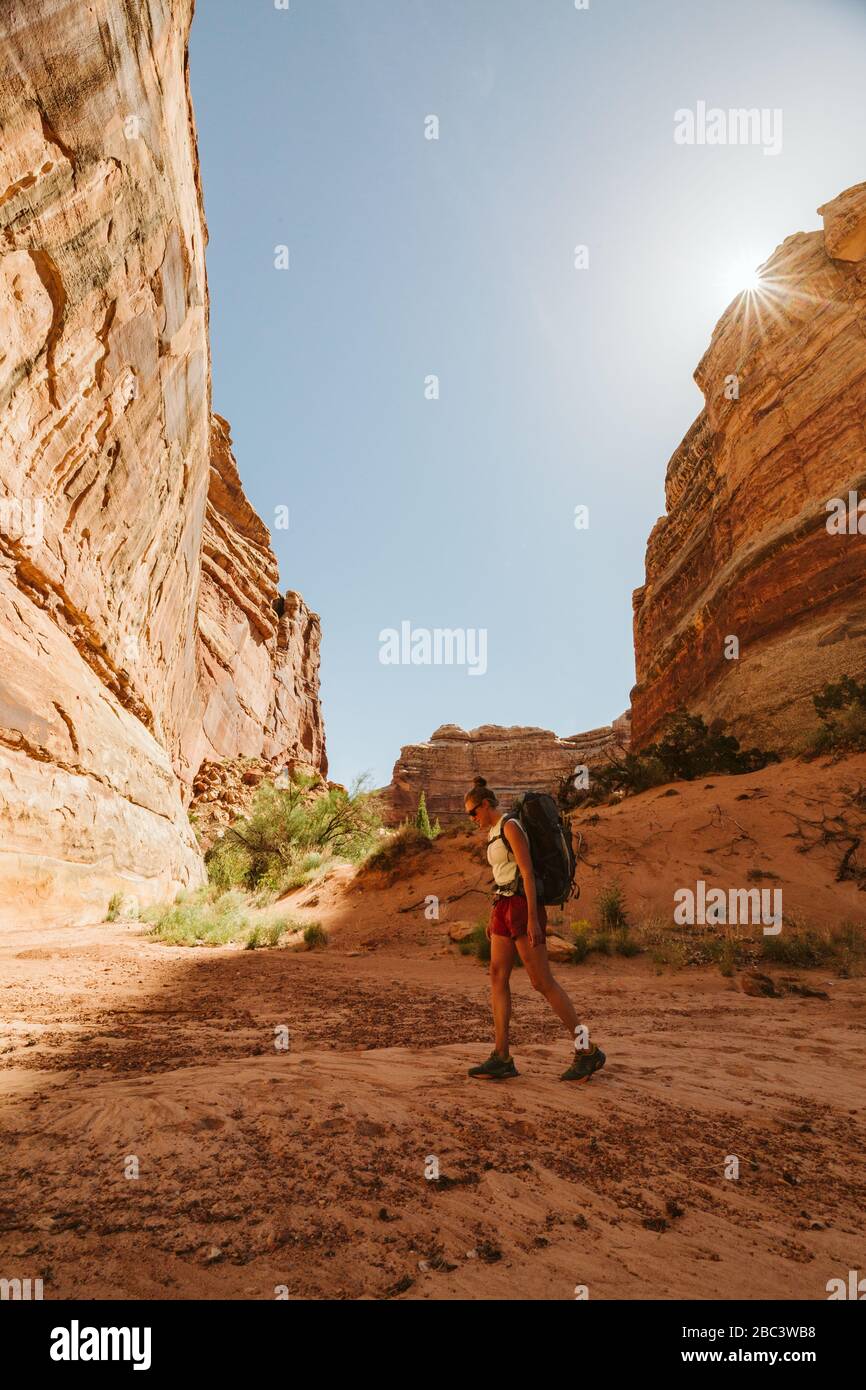 Wandererinnen gehen auf einem getrockneten Flussbett im Labyrinth canyonlands utah Stockfoto