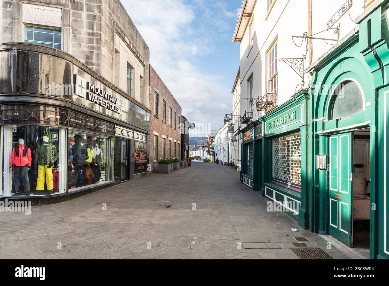 Leere Straßen in Abergavenny beim Ausbruch des Coronavirus, Wales, Großbritannien Stockfoto