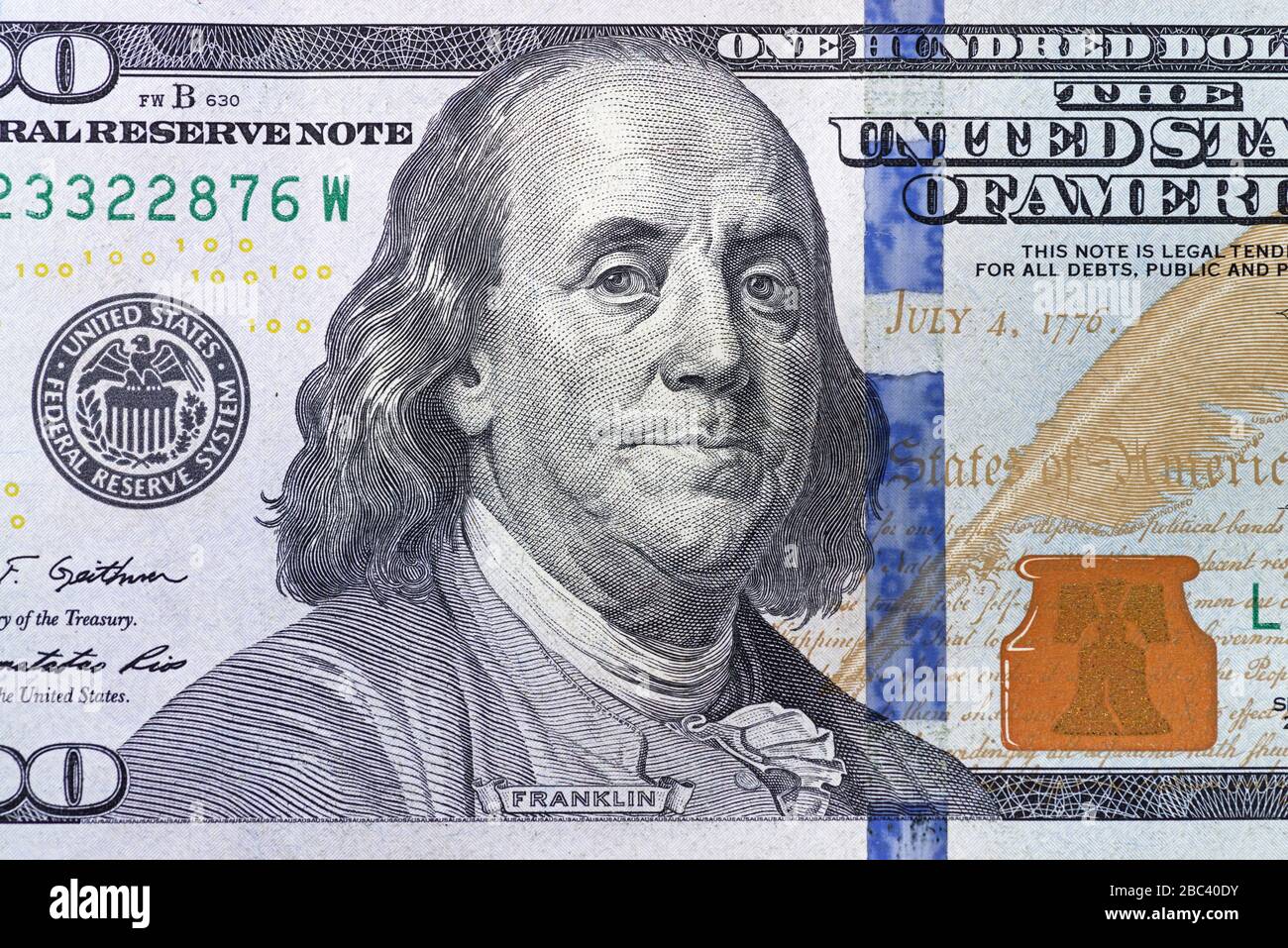 Nahaufnahme des Benjamin Franklin Portraits auf der 100-Dollar-Rechnung Stockfoto