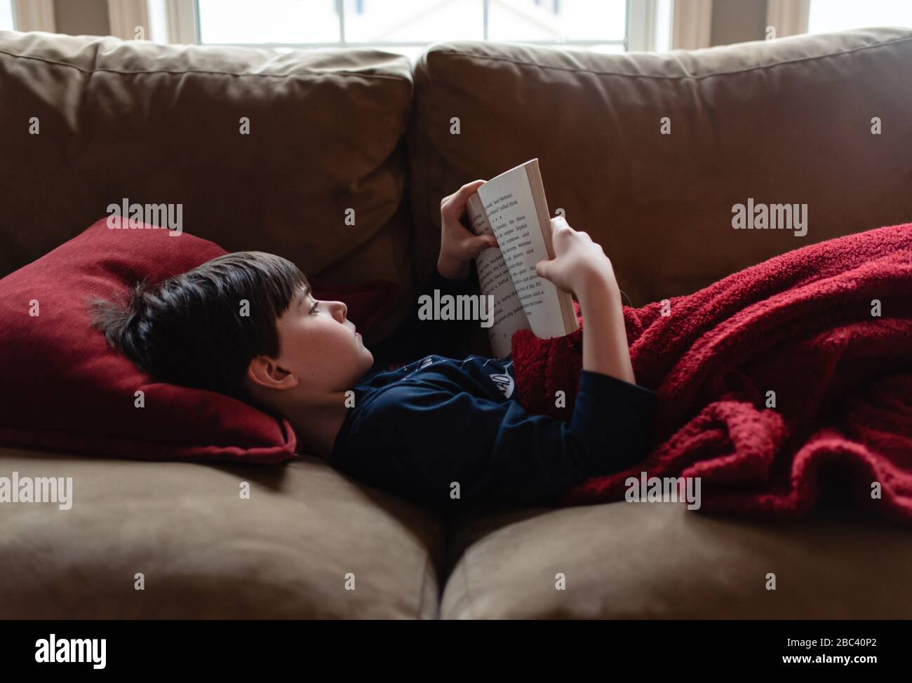 Kleiner Junge, der ein Buch auf einem Sofa unter einer Decke liest. Stockfoto