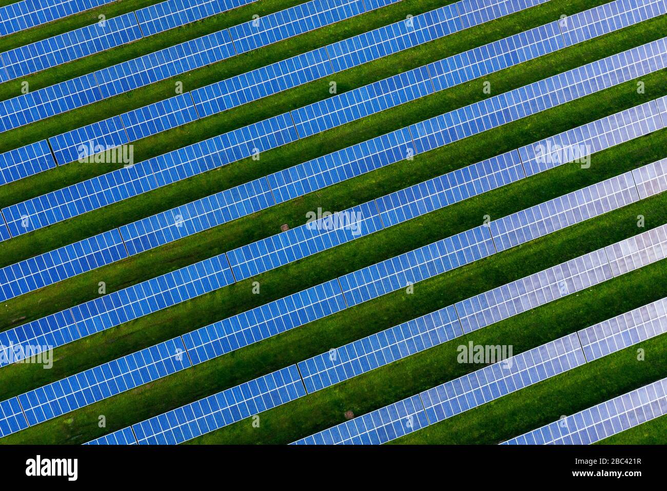 Luftbild oben über dem Feld der Solarpaneele Stockfoto