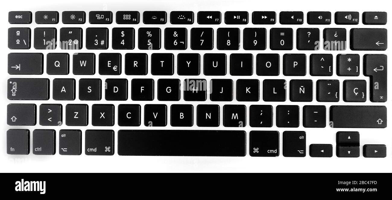 Schwarze Tasten auf der Computertastatur in spanischer Sprache Stockfoto