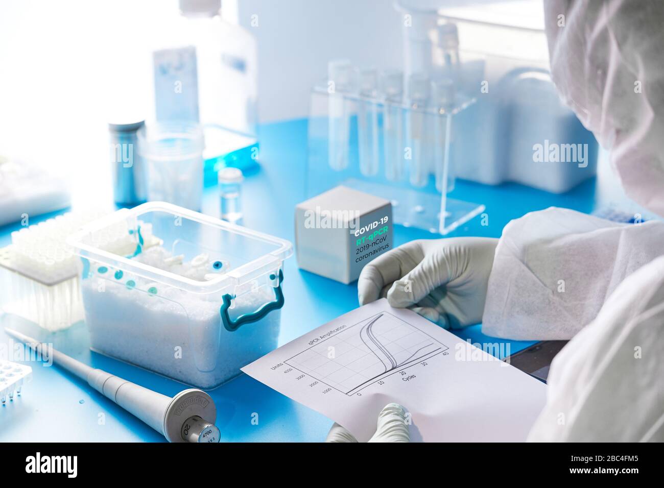 SARS-COV-2 Nukleinsäuren Diagnostikkit. Epidemiologe im Schutzanzug, Maske und Brille führt die Ergebnisse von pcr-Tests durch und analysiert sie, die SAR nachweisen Stockfoto