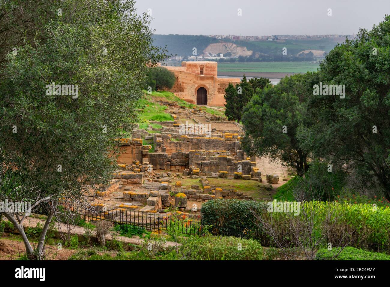 Römische Ruinen umrahmt von Bäumen in Chellah in Rabat Marokko Stockfoto