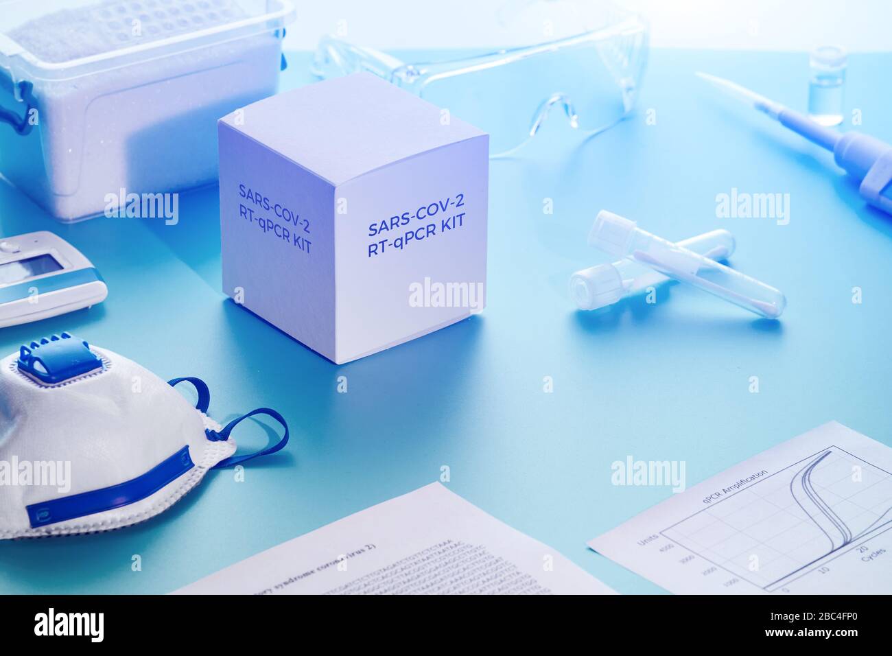 SARS-COV-2 pcr-Diagnose-Kit. Hierbei handelt es sich um RT-qPCR-Kit, bei dem die umgekehrte Transkription und Amplifikation von DNA-Fragmenten in Echtzeit zum Nachweis bestimmter Regionen verwendet wird Stockfoto