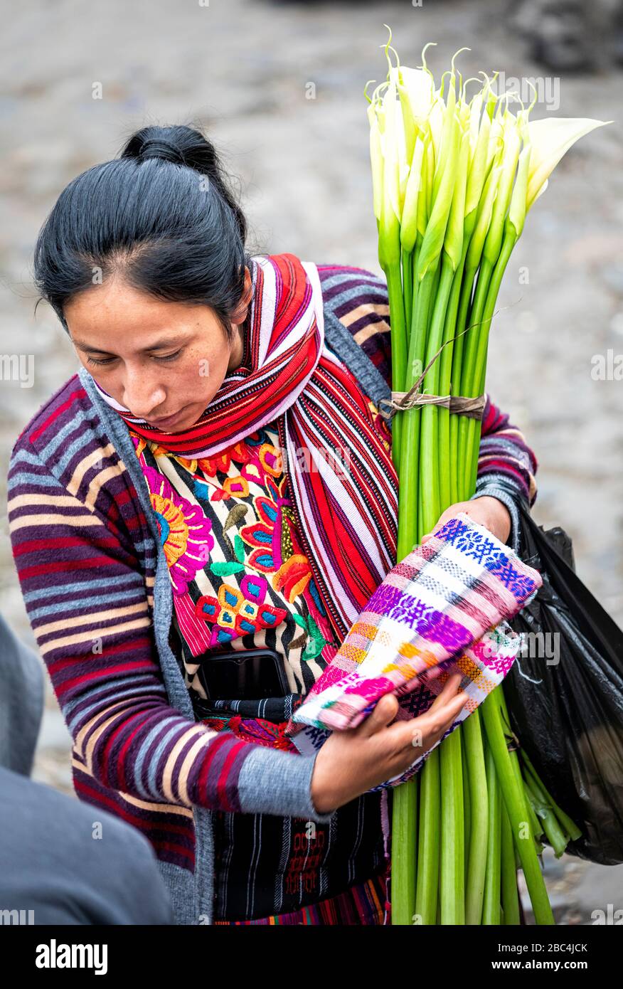 Eine Frau, die Calla-Lilien auf dem Markt Chichicastenango, Guatemala, trägt. Stockfoto