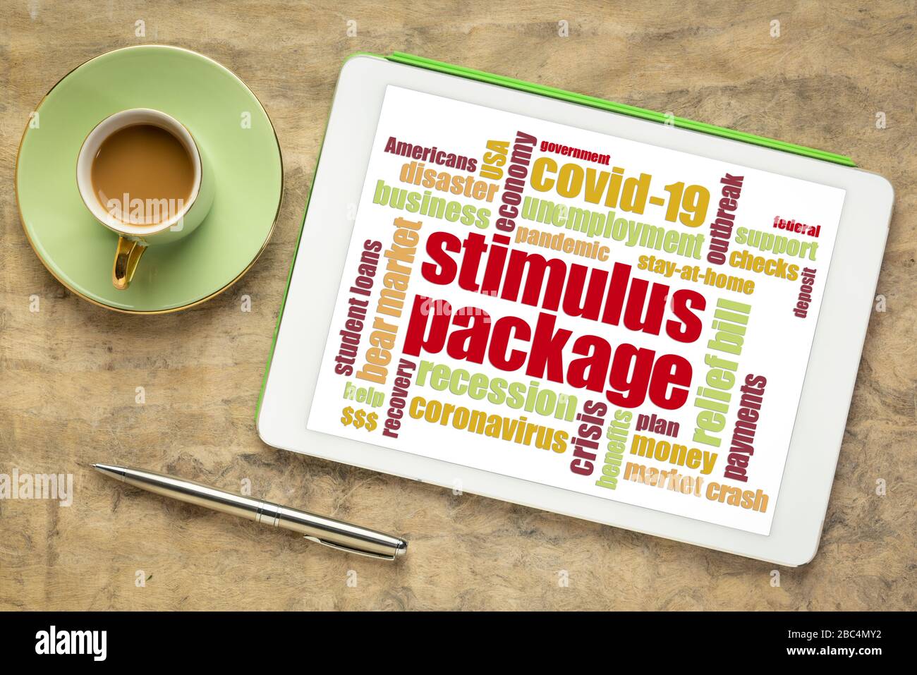 Stimulus-Paket Wortwolke auf einer digitalen Tablette, Entlastungsrechnung während des Kovid-19-Coronavirus-Pandemiekonzepts Stockfoto