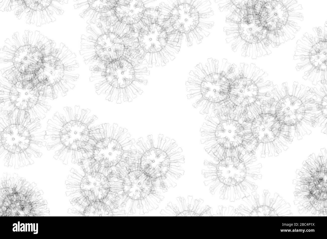 Coronavirus COVID-19 schwarz-weiß 3D-Illustrationshintergrund. Sars-CoV-2-Hintergrund mit Kopierbereich. Stockfoto
