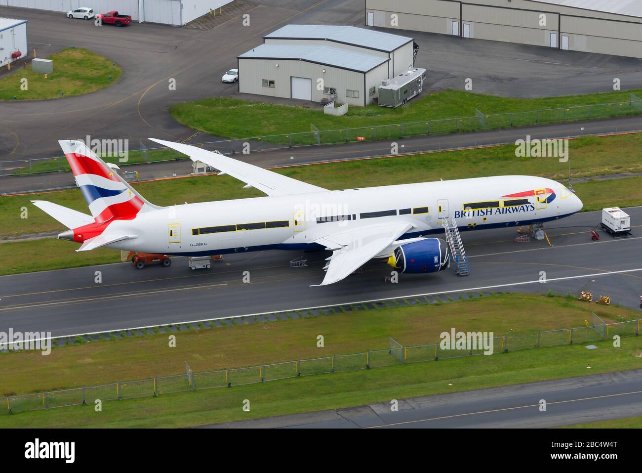 British Airways Boeing 787 Dreamliner gelagert in Paine Field Boeing Factory. Passagiere Flugzeuge in Lagerbedingungen. Verspätete Lieferung. Stockfoto
