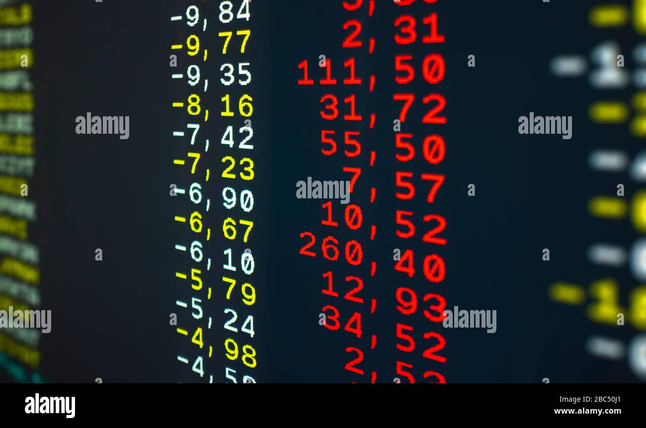 Nahaufnahme der Verluste von Aktienwerten von Unternehmen an der Börse, die in Videotext aus der Seitenansicht angezeigt werden Stockfoto
