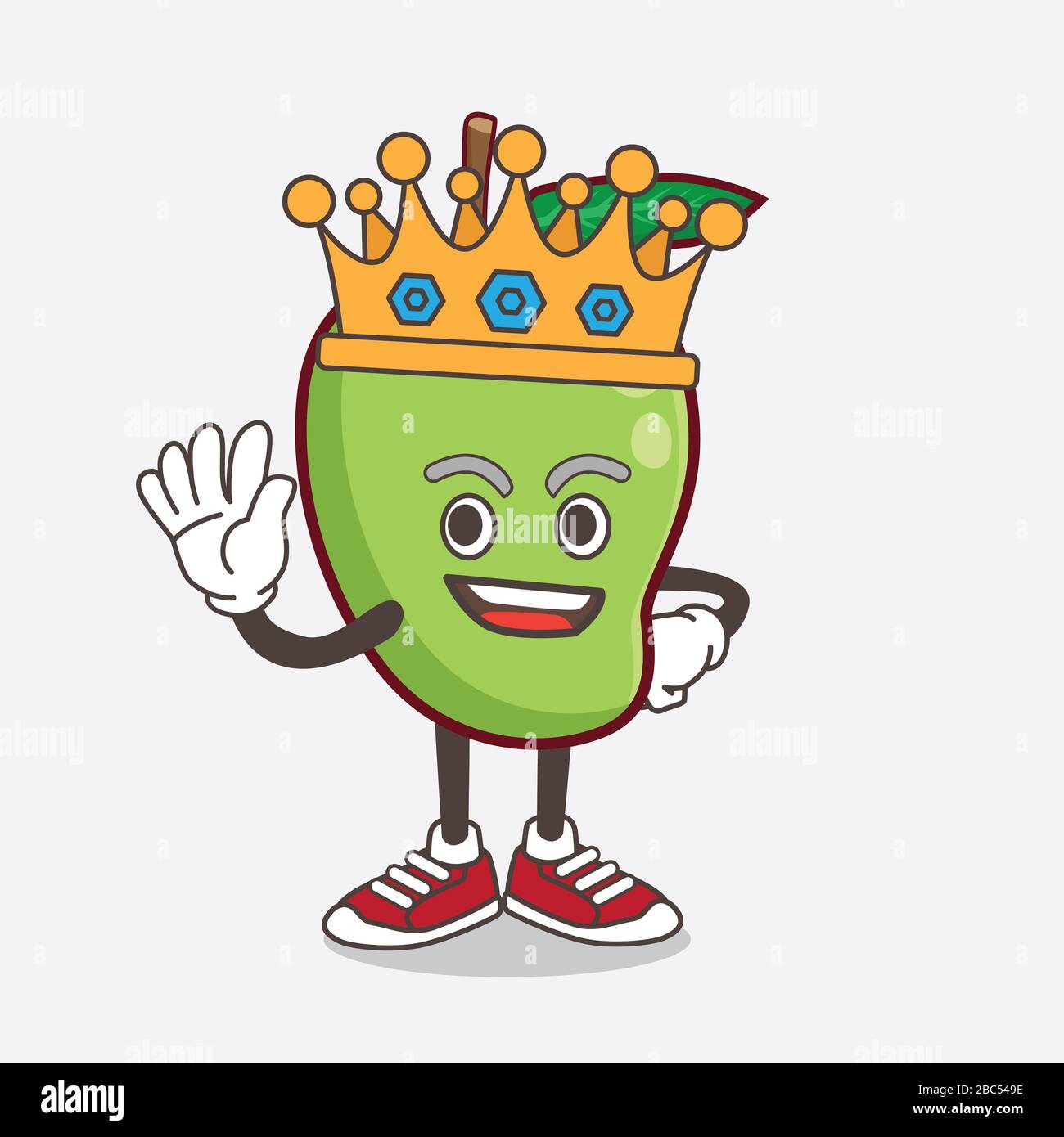 Eine Illustration der Mango Fruit Cartoon-Maskottchen-Figur, die von King auf dem Cartoon-Maskottchen-Design stilisiert wurde Stockfoto