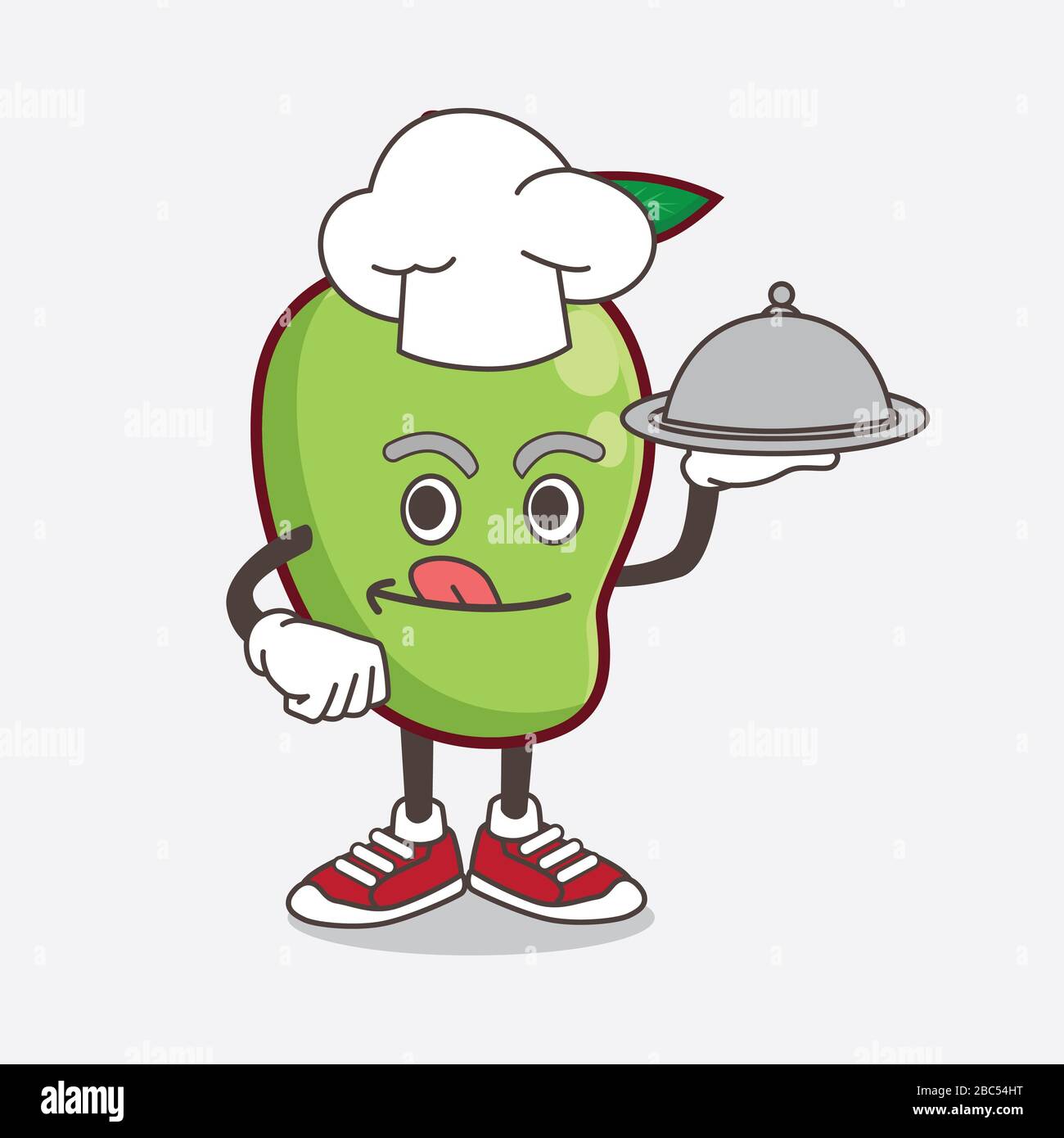 Eine Illustration der Mango Fruit Cartoon Maskottchen Figur als Chef mit Essen auf Tablett bereit zu servieren Stockfoto