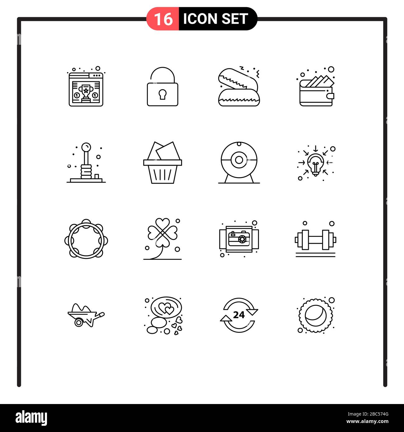 Piktogramm-Set mit 16 einfachen Umrissen von Freizeit, Spielen, Essen ...
