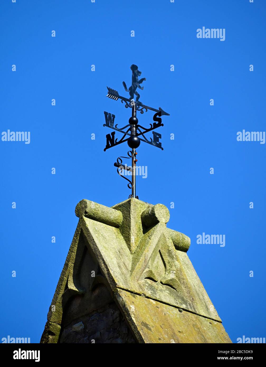 Weathervan mit grassierendem Löwen. Ehemalige All Hallows Church, Fellside, Kendal, Cumbria, England, Großbritannien, Europa. Stockfoto