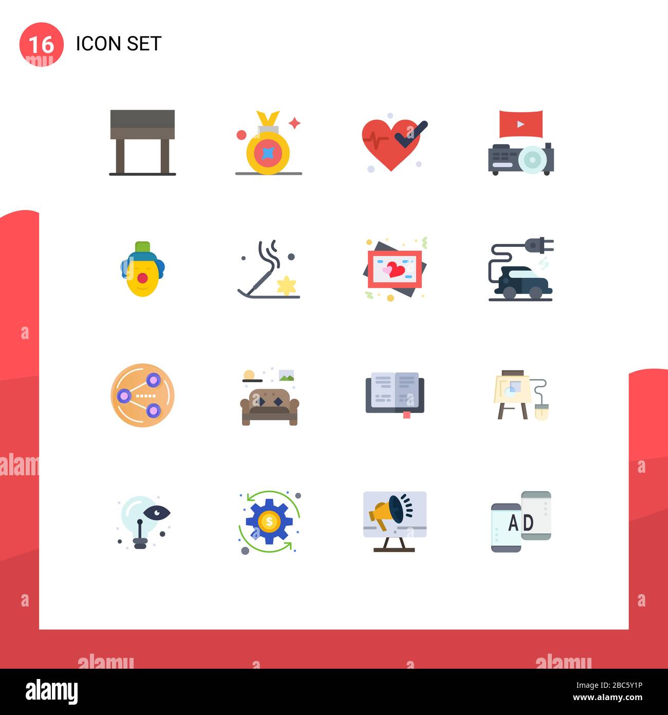 16 Benutzeroberfläche Flat Color Pack mit modernen Zeichen und Symbolen für Schönheit, Zirkus, Herz, Clown, Theater Editable Pack von Creative Vector Design Element Stock Vektor