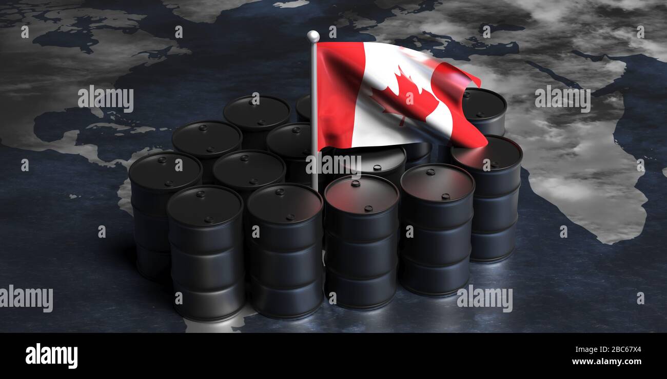 Ölindustrie Kanadas. Rohöl aus schwarzen Trommelfässern und kanadische Flagge auf einer Weltkarte. 3D-Abbildung Stockfoto