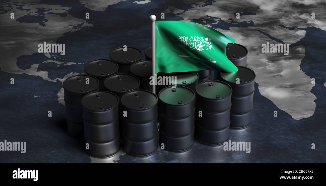 Ölindustrie Saudi-Arabiens. Rohöl aus schwarzen Trommelfässern und saudi-arabische Flagge auf einer Weltkarte. 3D-Abbildung Stockfoto