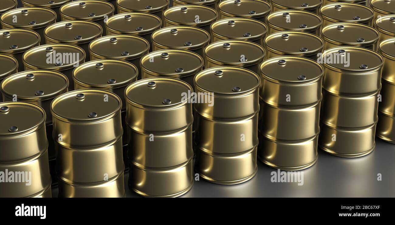 Ölfässer goldfarbener Hintergrund. Rohölbrennstoff Energie-Industriekonzept. 3D-Abbildung Stockfoto