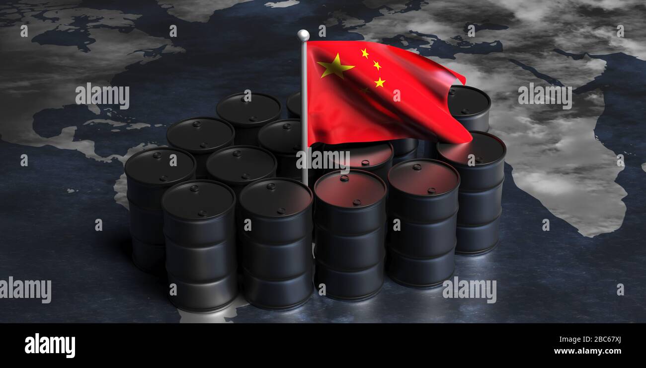 Ölindustrie Chinas. Rohöl aus schwarzen Trommelfässern und chinesische Flagge auf einer Weltkarte. 3D-Abbildung Stockfoto