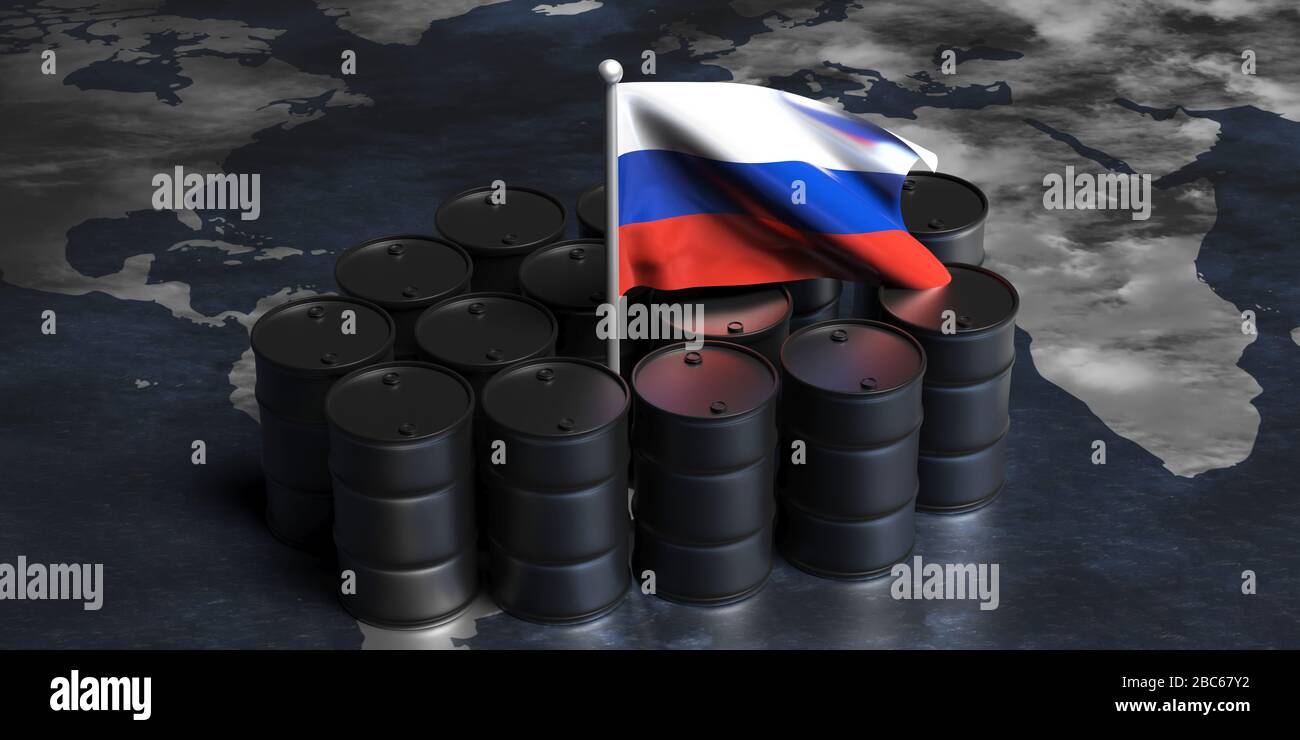 Ölindustrie Russlands. Rohöl aus schwarzen Trommelfässern und russische Flagge auf einer Weltkarte. 3D-Abbildung Stockfoto