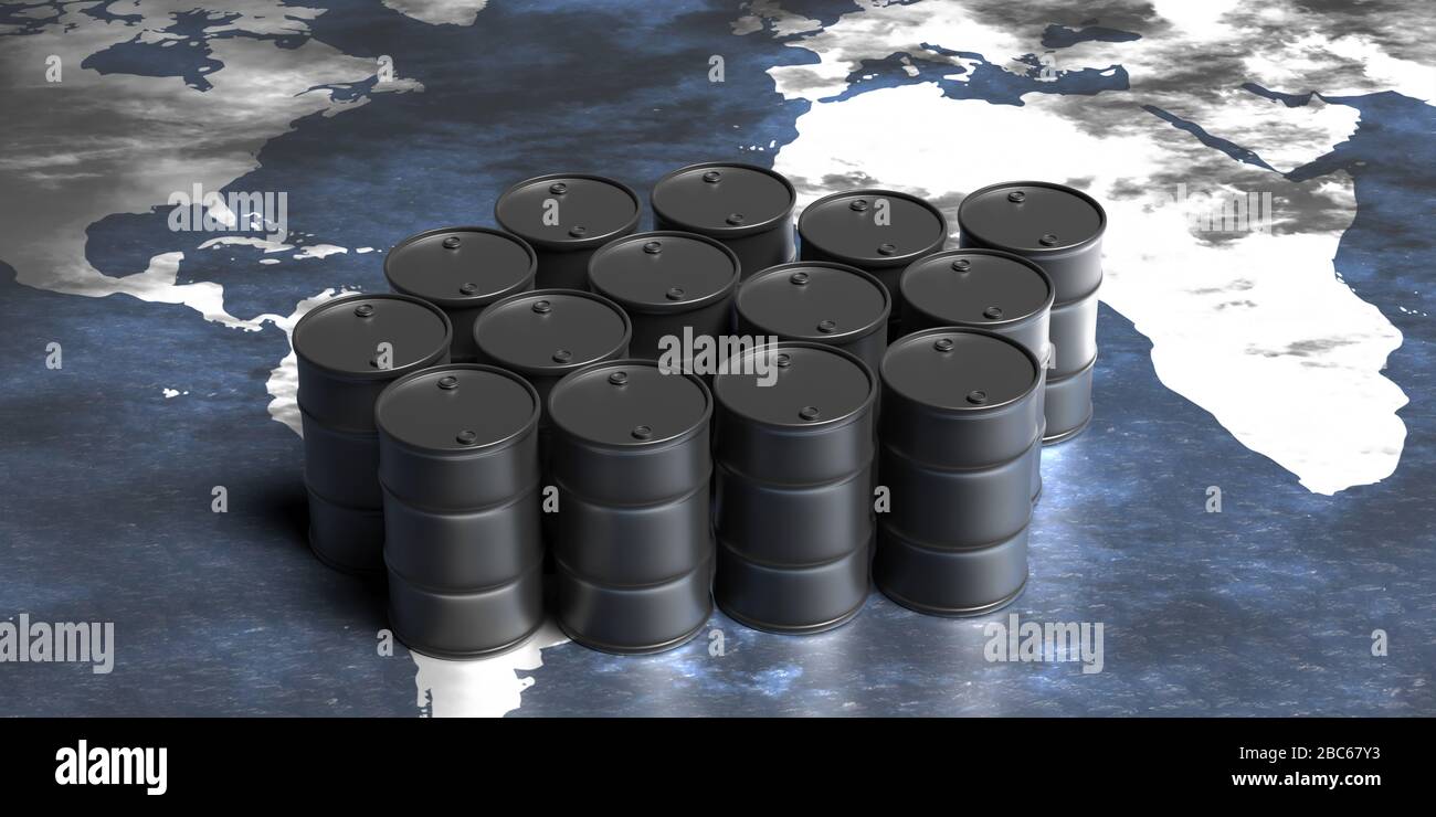 Ölindustrie, globale Energiehandel, internationaler Handel. Ölfässer, schwarze Farbe auf Weltkarte Hintergrund. 3D-Abbildung Stockfoto