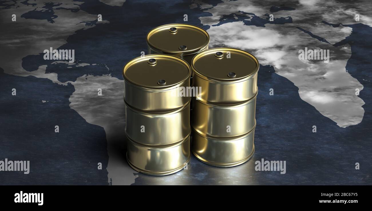 Ölindustrie, globale Energiehandel, internationaler Handel. Ölfässer Goldfarbe auf Weltkarte Hintergrund. 3D-Abbildung Stockfoto