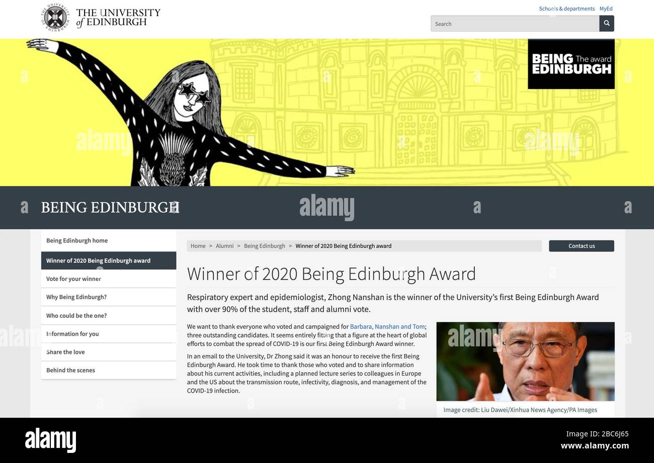 (200403) -- LONDON, 3. April 2020 (Xinhua) -- Foto vom 2. April 2020 zeigt die Ankündigung des Gewinners von 2020: Edinburgh Award auf der Website der University of Edinburgh in London, Großbritannien. Der renommierte chinesische Atemwegsexperte Zhong Nanshan hat einen Alumni-Preis der Universität Edinburgh für seinen bemerkenswerten Beitrag bei der Bekämpfung der neuartigen Coronavirus Pandemie gewonnen, sagte die Universität am Donnerstag. Mit über 90 Prozent Stimmen von Studenten, Mitarbeitern und Alumni gewann Zhong den ersten "Being Edinburgh Award" der Universität, der in Anerkennung von Personen verliehen wird, deren Handlungen und Errungenschaft Stockfoto