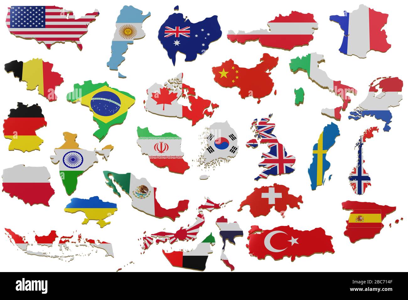 3D-Karte in vielen Ländern festlegen. Karte der Länder Landgrenze mit Flagge. Länder bilden sich auf weißem Hintergrund ab. 3D-Rendering Stockfoto