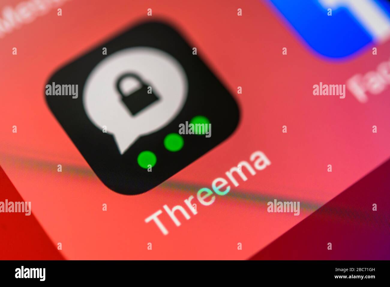 Threema, Secure Messenger Service, App-Symbol, Anzeige auf dem Display von Handy, Smartphone, Detail, Vollformat Stockfoto