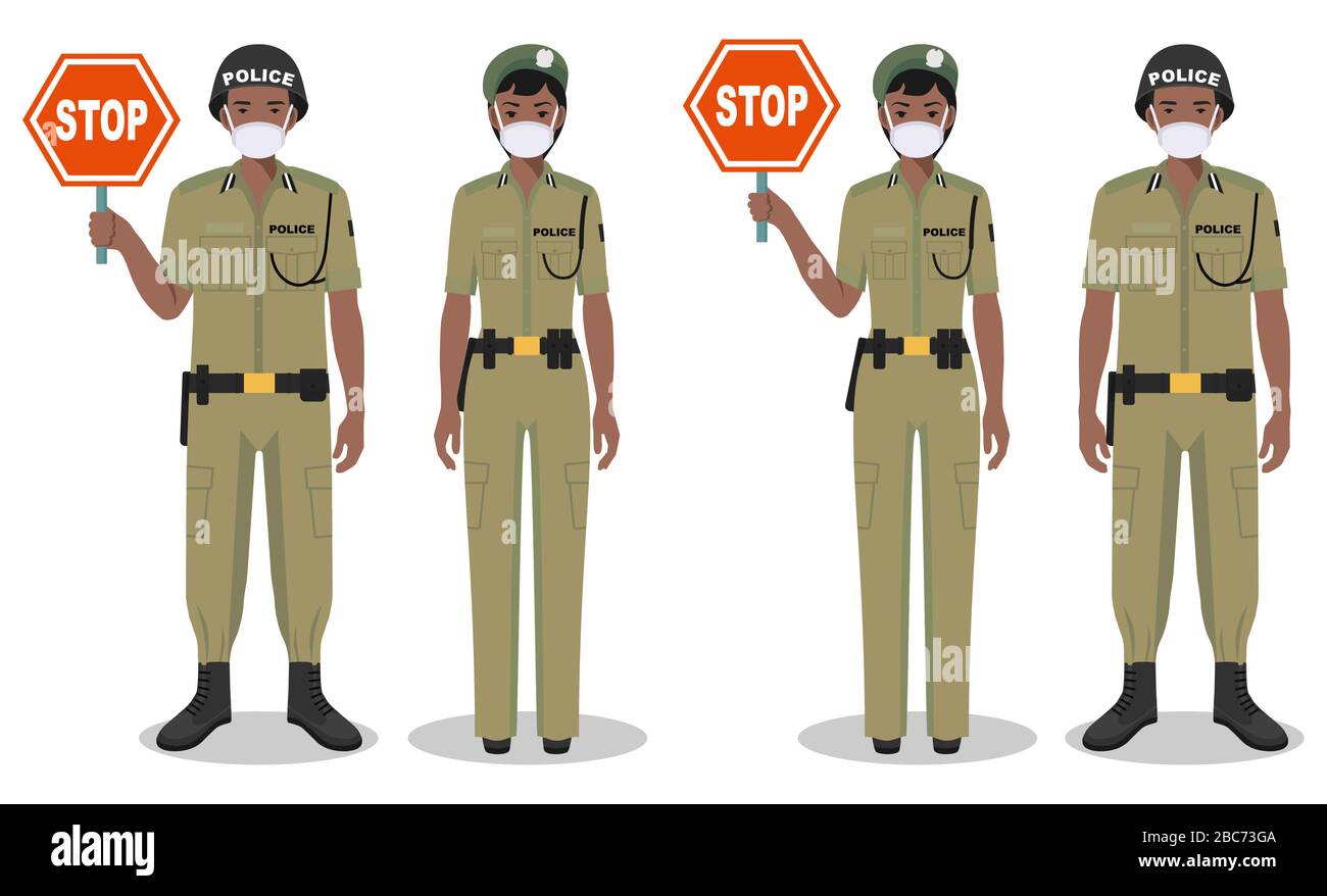 Polizei- und Quarantänekonzept. Ein Paar afrikanischer Polizist und Polizistin in traditionellen Uniformen und Schutzmasken, die zusammen auf Weiß stehen Stock Vektor