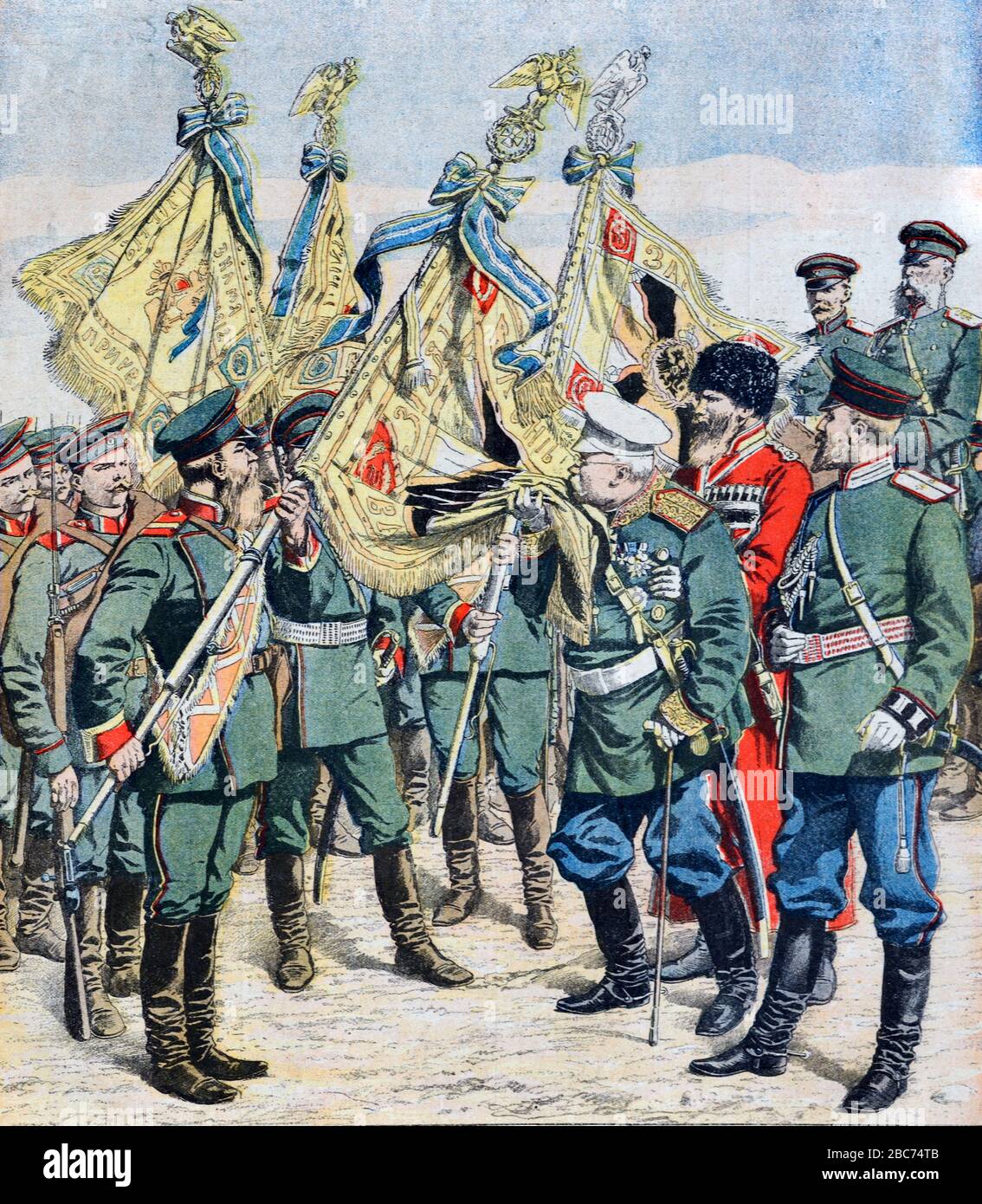 Der russische General Michail Ivanovich Dragomirov (1830-1905) küsst die russische Flagge, bevor russische Truppen zum Russisch-Japanischen Krieg (1904-1905) aufbrechen, Vintage-Illustration oder Gravur Okt 1904/05 Stockfoto