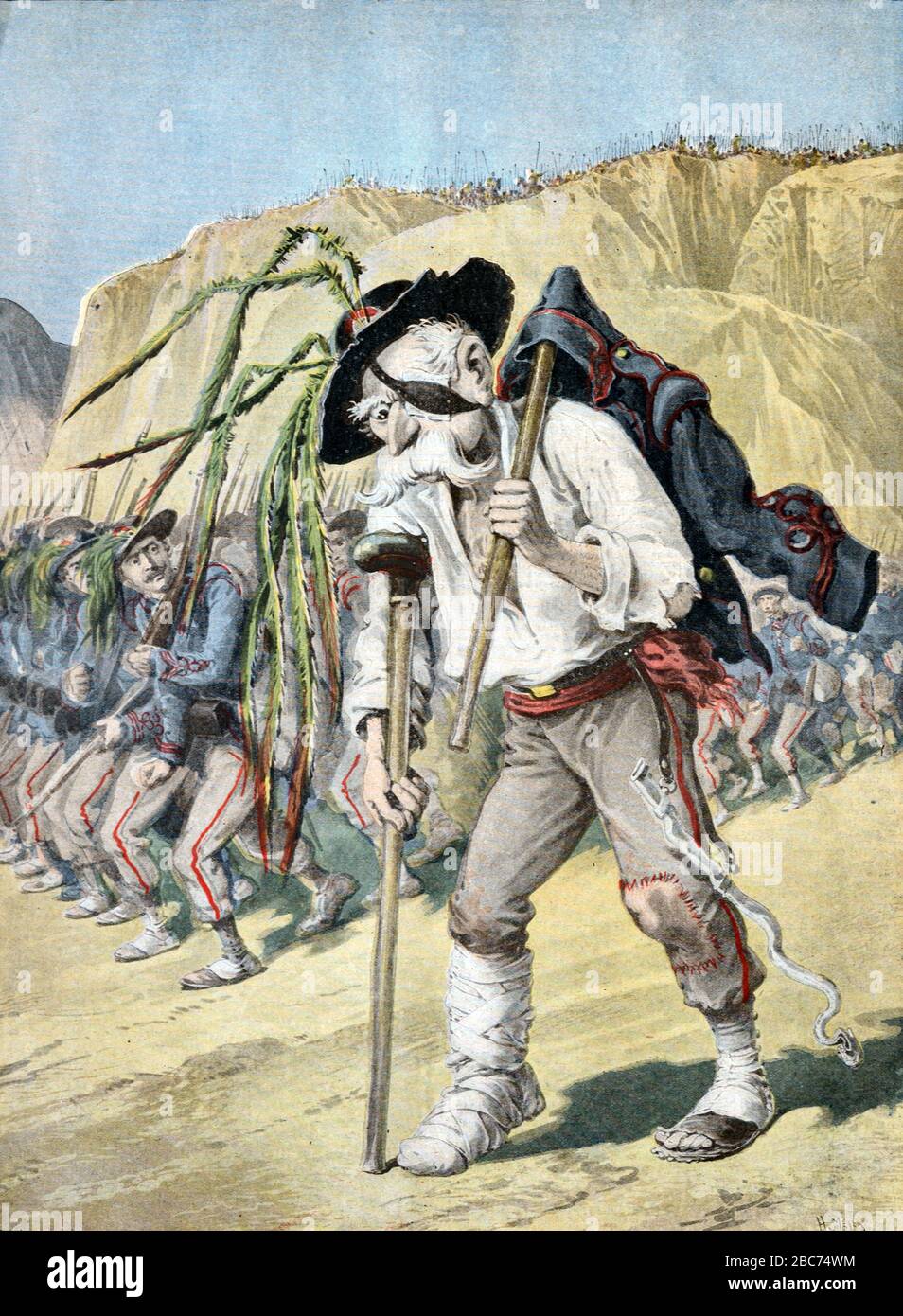 Müde, verschlissene und demoralisierte französische Kolonialtruppen, Armee oder Soldaten in North Africaor The Magreb Juni 1896. Vintage-Illustration oder Gravur Stockfoto