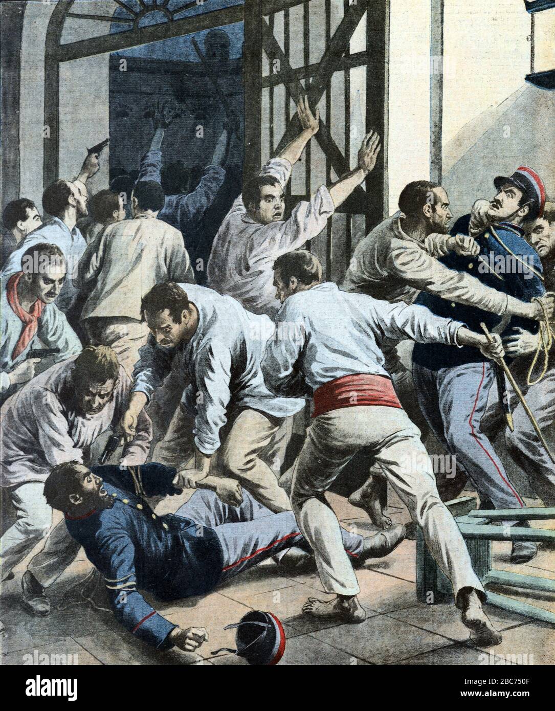 Aufruhr oder Revolte im spanischen Gefängnis oder Gefängnis. Alte oder Vintage-Illustration März 1910 Stockfoto