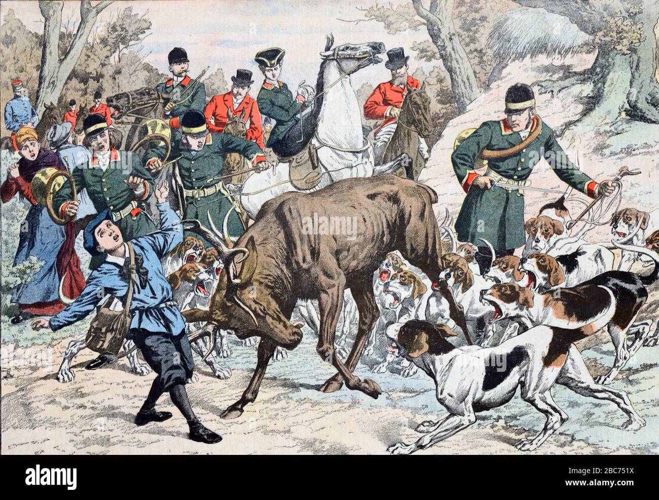 Der Junge wurde von Stag bei einem Jagdunfall verletzt, während er in Chantilly Forest France auf der Jagd nach Deer mit einem Hundpaket war. Alte oder alte Illustration Nov 1904/05 Stockfoto