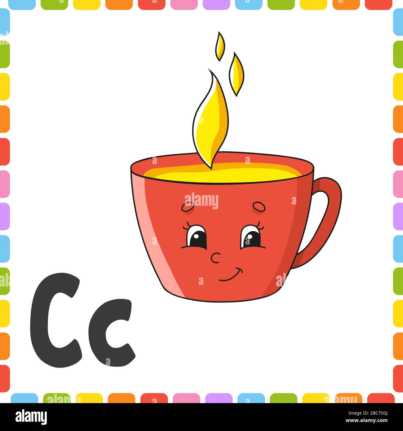 Englisches Alphabet. Buchstabe C - Tasse. ABC Quadrate Flash-Karten. Cartoon-Charakter isoliert auf weißem Hintergrund. Für die Kindererziehung. Arbeitsblatt wird entwickelt. Le Stock Vektor