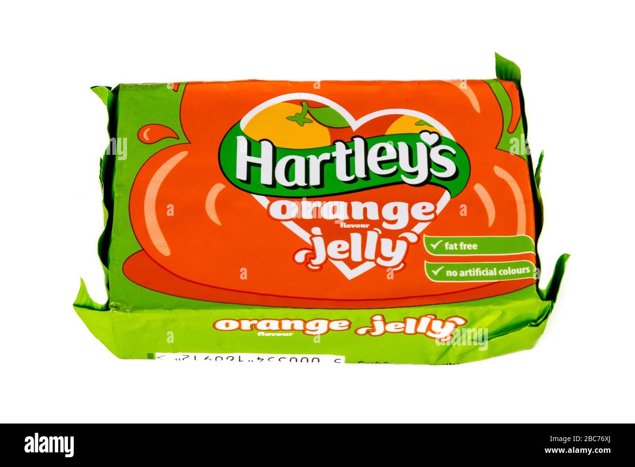 Hartleys Orangengelee, Hartleys Gelee, Orangengelee, Packung Gelee, fettfreies Gelee, rohes Gelee, Hartleys Orangenaroma Gelee, weißer Hintergrund, Marke Stockfoto