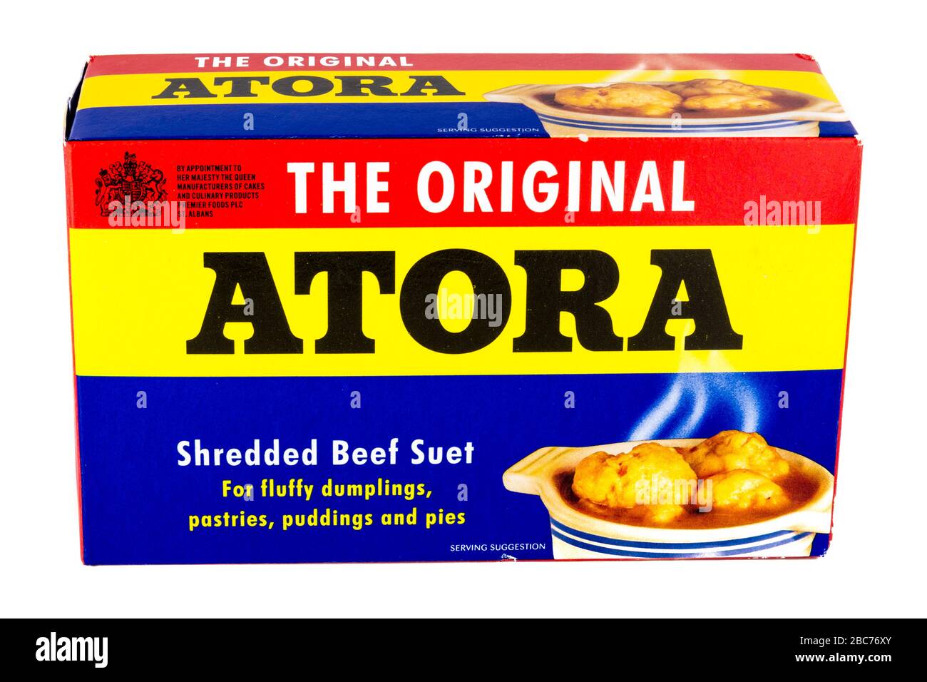 Atora Beef Suet, Suet, Atora, geschreddert Rindersuet, Packung, Marke, Logo, weißer Hintergrund, Kopierbereich, isoliert, Produkt, Produkte, Artikel, Artikel, Stockfoto